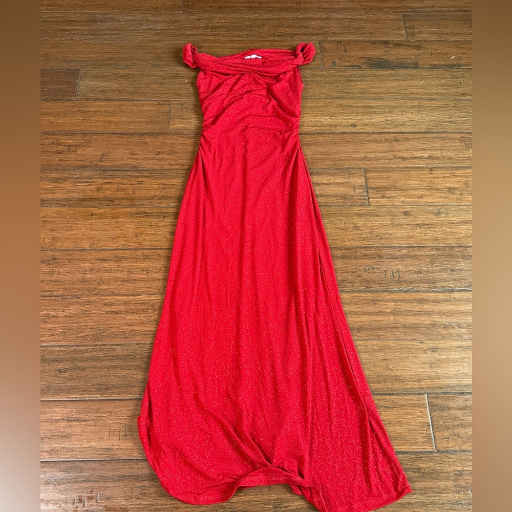 Red Sparkle Off-Shoulder Maxi Dress